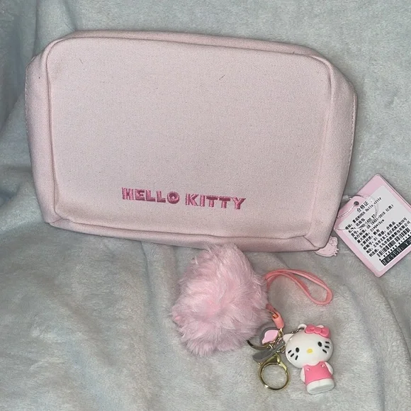 NWT’s Sanrio Hello Kitty Pink Bow Cosmetic Pouch with Pom Charm Keychain - Picture 4 of 9